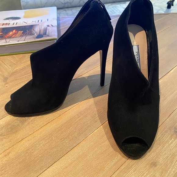 Prada Black Suede Leather Peep Toe Ankle Booties - Picture 4 of 6
